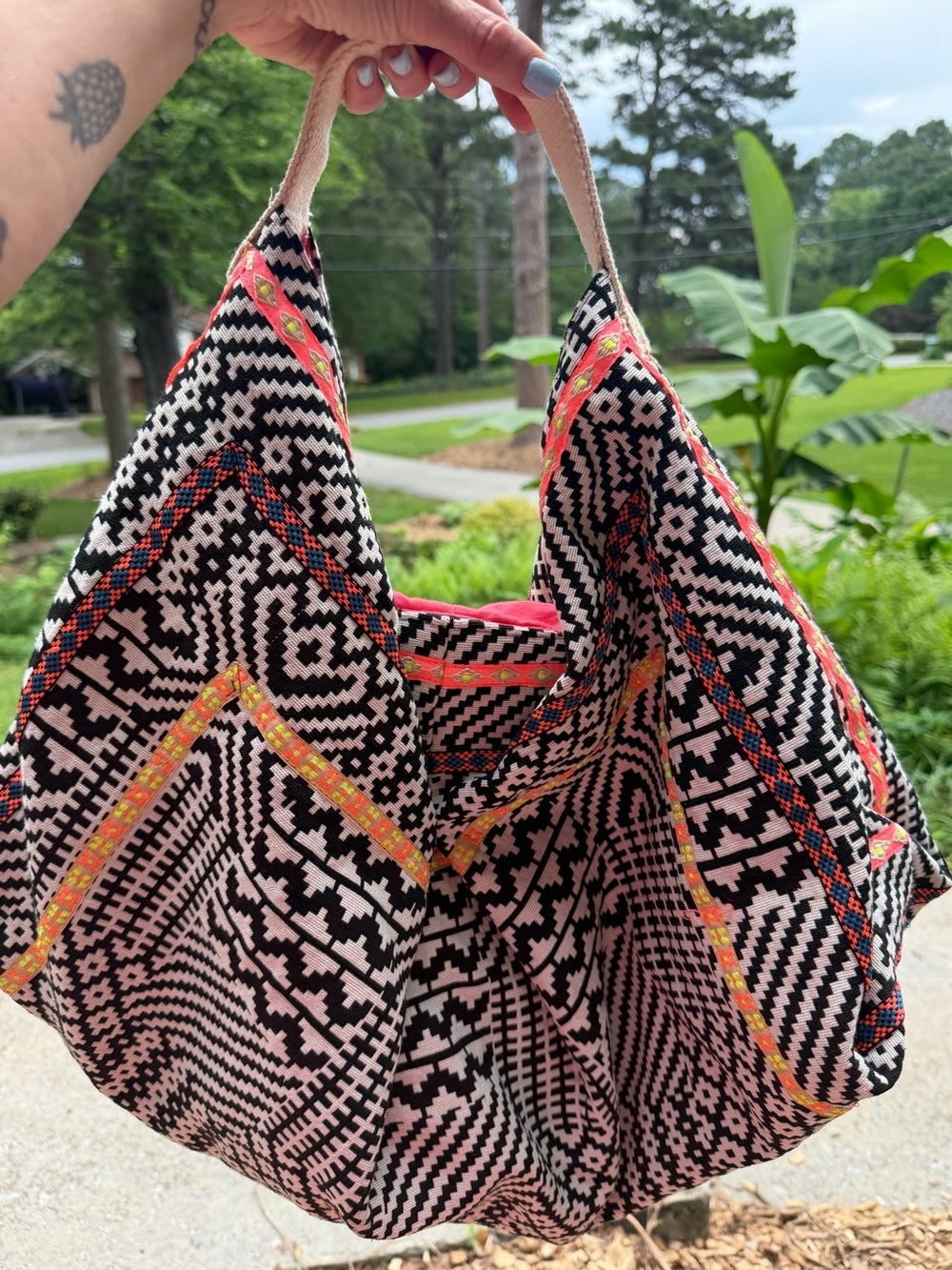 Black & Pink Geometric Tote Bag with Coral Accents